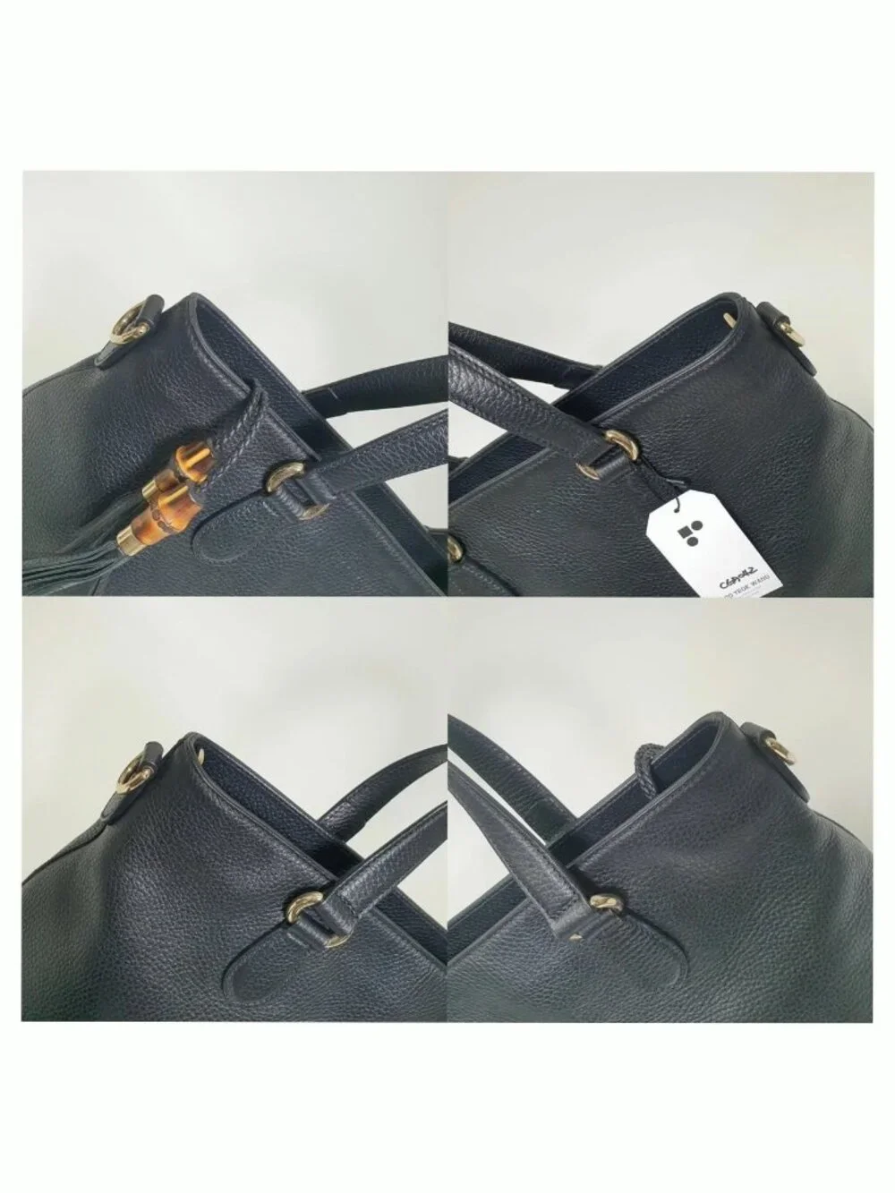Authentic Gucci Black Leather Tote Bag Bamboo Tassel Crossbody Satchel Gold Hard - Picture 8 of 12